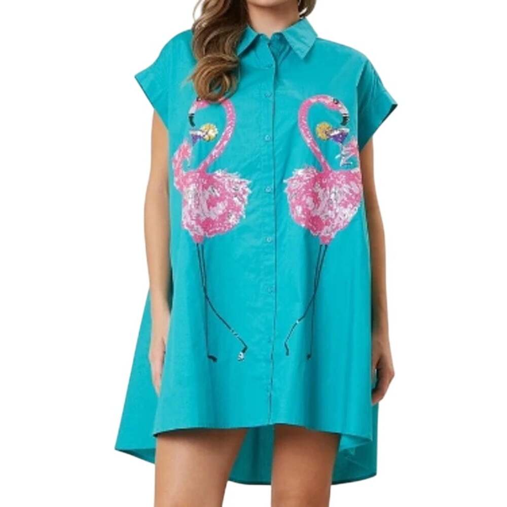Peach Love Teal Flamingo Rhinestone Dopamine Poplin Cotton Vibrant Mini Dress